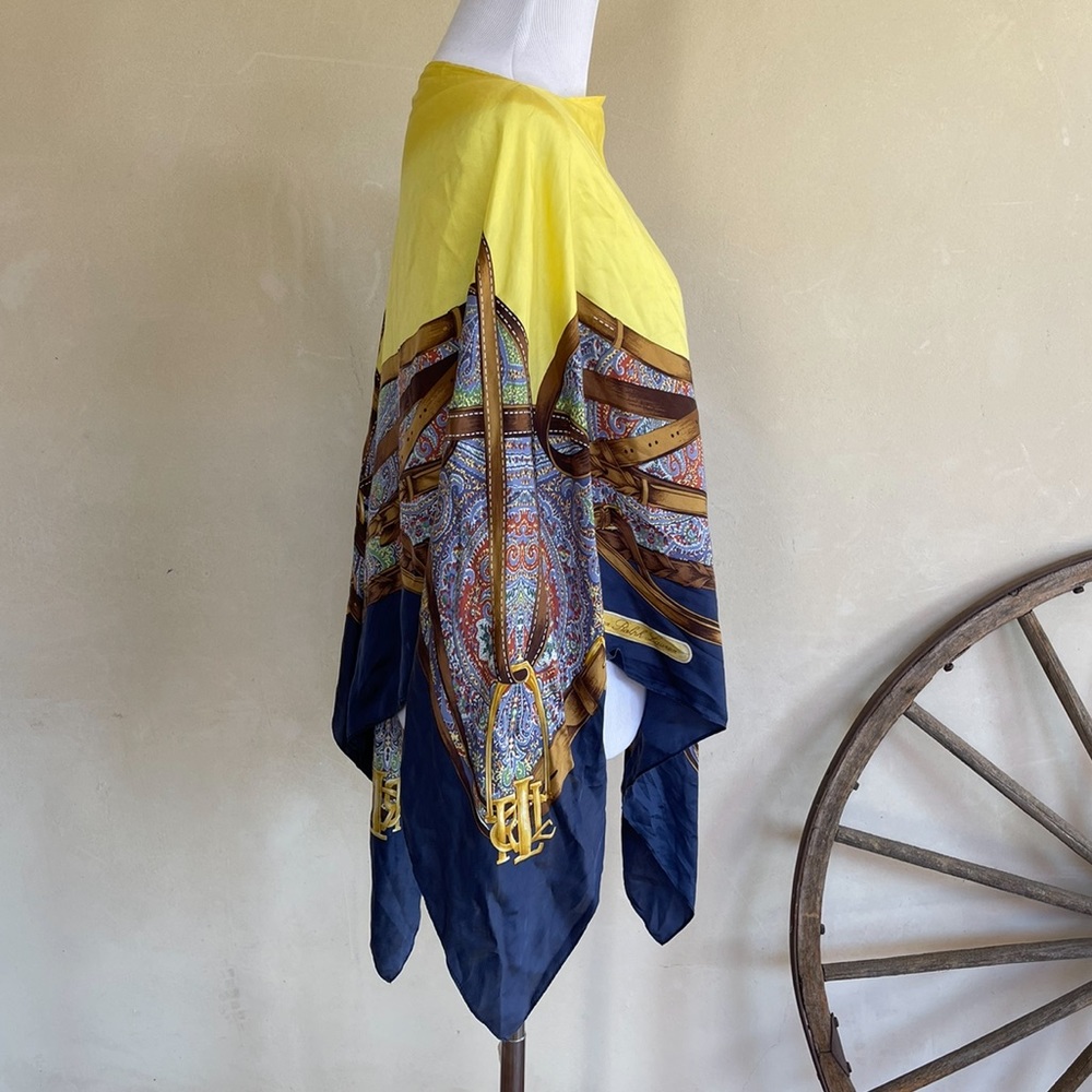 RALPH LAUREN Equestrian English Riding Theme Yellow Blue 100% Silk Poncho Scarf - Picture 2 of 11